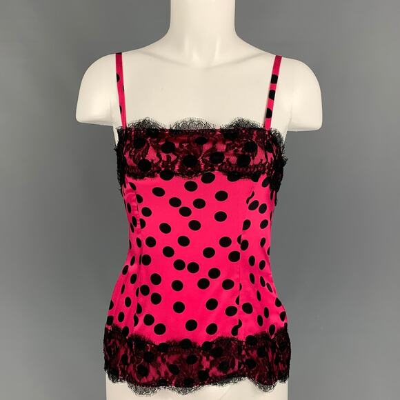 D&G by DOLCE & GABBANA Size 2 Fuchsia Black Silk Polka Dot Casual Top - Picture 1 of 6